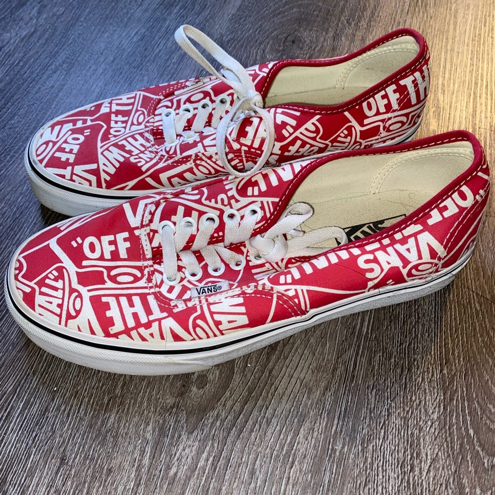 Vans Red & White Off The Wall Logo All-Over Print Canvas Shoes Mens 8 Womens 9.5